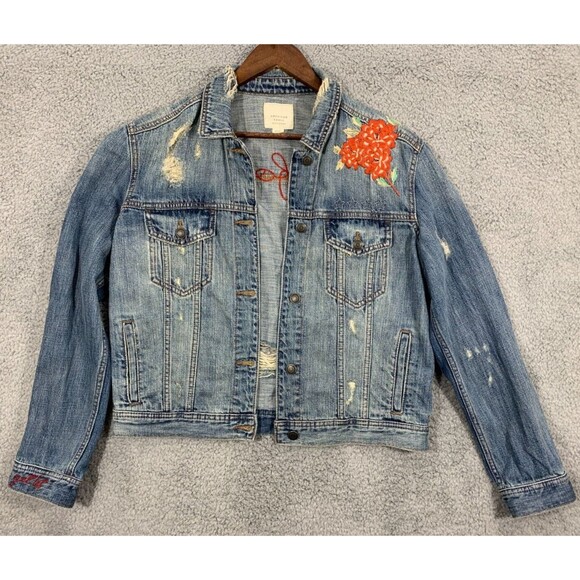 American Eagle Outfitters Jackets & Blazers - American Eagle (M) Blue Jean Denim Jacket Floral Wearable Art Distressed Pockets